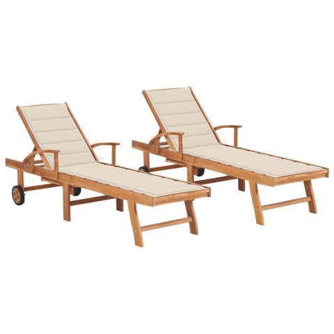 Lot de 2 transats chaise longue bain de soleil lit de jardin terrasse meuble d'extérieur avec coussin teck solide - Couleur au choix