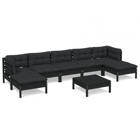 Salon de jardin 8 pcs avec coussins noir bois de pin + table basse