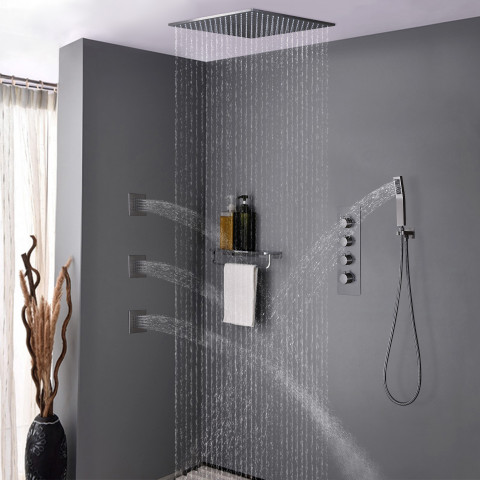 Pack de douche encastré au plafond thermostatique - nickel brossé