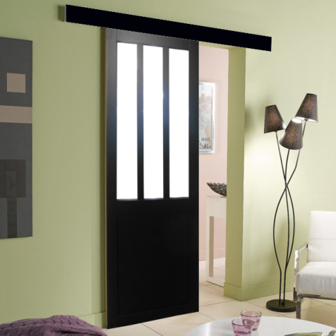 Porte coulissant atelier noir vitrage transparent h204 x l73 + rail bandeau noir - gd menuiseries