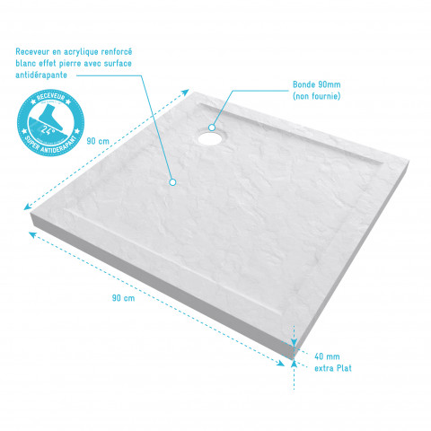 Receveur de douche à poser carré extra plat en acrylique renforcée blanc - Finition pierre - Moon square - Dimensions au choix