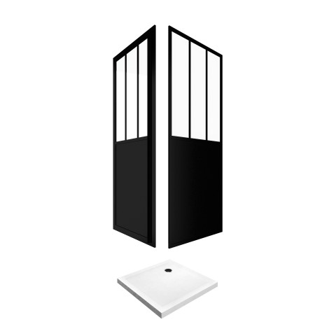 Pack complet paroi porte de douche pivotante et paroi de retour type atelier et receveur blanc effet pierre - 80x200cm - profile noir mat - verre transparent 5mm - workshop 80 + paroi retour workshop side 80 + receveur moon square 80