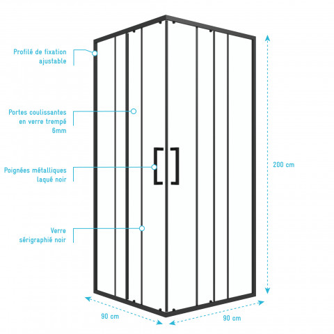 Porte de douche carrée coulissante - verre sérigraphié noir 90x90