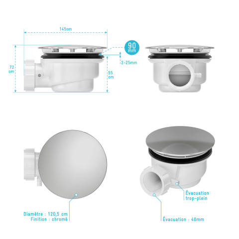 Bonde de receveur diamètre 90 mm - évacuation horizontale - Couleur au choix