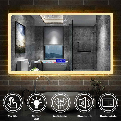 Aica miroir salle de bain anti-buée led de 140 x 80 cm de 3 couleurs avec bluetooth, horloge, date et tompérature