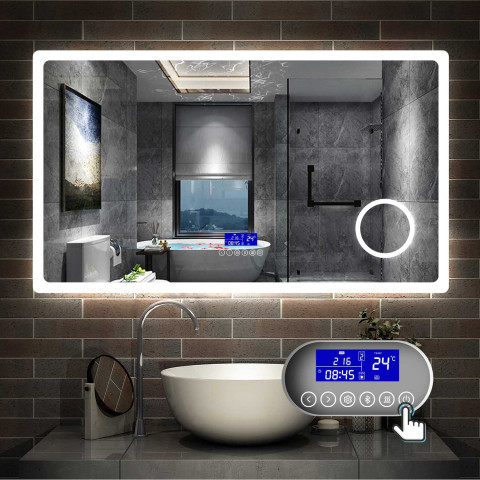 Aica miroir salle de bain anti-buée led de 80 x 60 cm de 3 couleurs avec bluetooth, horloge, date, tompérature, grossisant 3x