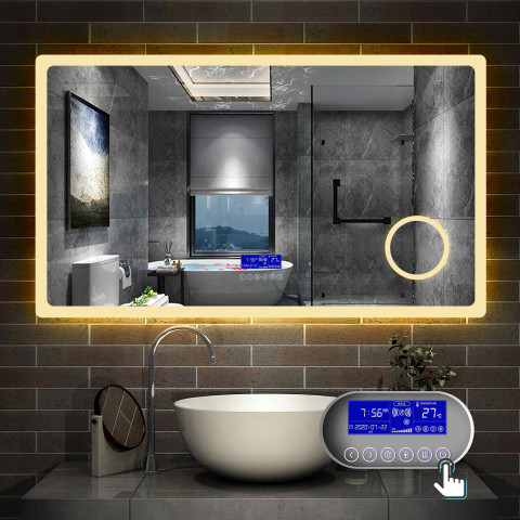 Aica miroir salle de bain 140x80cm 3 couleurs led réglable+antibuée(bluetooth haut-parleur,horloge,date,température)+grossissant