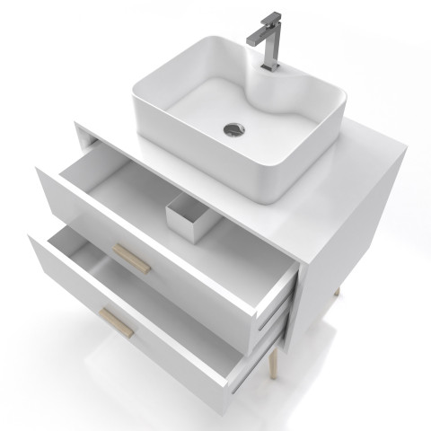 Meuble salle de bain scandinave blanc 80 cm sur pieds avec tiroir, vasque a poser et miroir rond - nordik basis runt 80