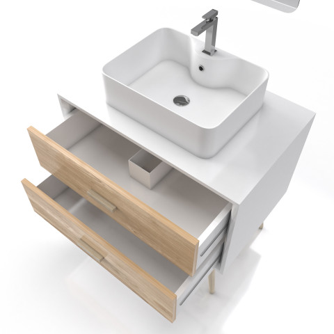 Meuble salle de bain scandinave blanc et bois naturel 80 cm sur pieds avec tiroirs, vasque a poser et miroir led - nordik skuff led 80 Aurlane - LAV513