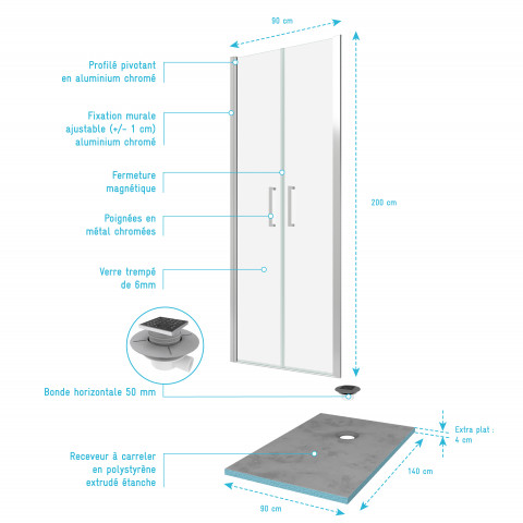 Pack paroi de douche 90x200 cm + receveur de douche a carreler 90x140 recoupable Aurlane - PACF079