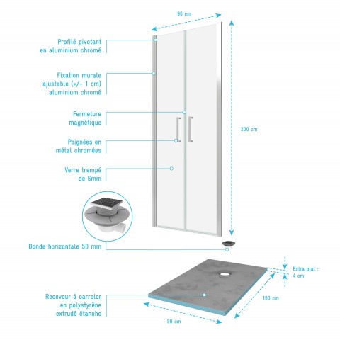 Pack paroi de douche 90x200 cm + receveur de douche a carreler 90x160 recoupable Aurlane - PACF081
