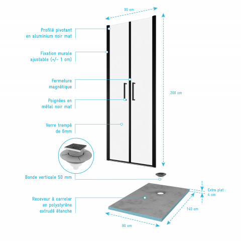 Pack paroi de douche 90x200 cm + receveur de douche a carreler 90x140 recoupable Aurlane - PACF086