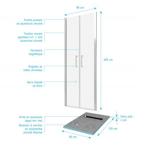 Pack paroi de douche 80x200 cm + receveur de douche a carreler 80x120 recoupable Aurlane - PACF090