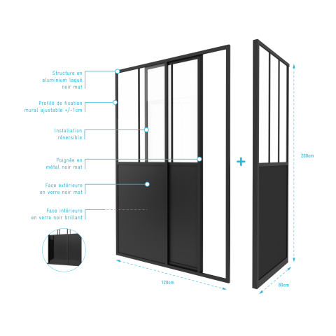 Pack porte de douche coulissante et retour 'type atelier' - noir mat - Dimensions au choix