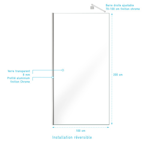 Pack paroi de douche 100x200cm verre transparent - barre de fixation extensible - Couleur de profil au choix