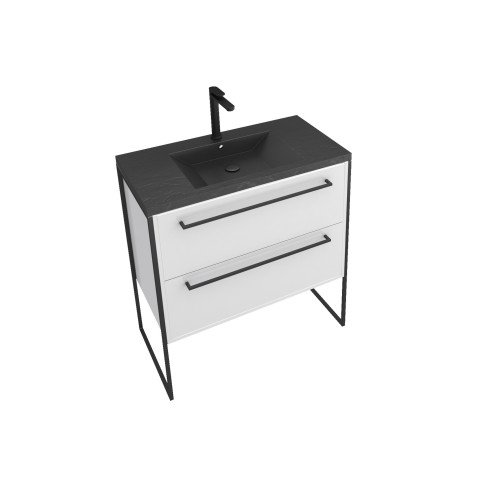 Meuble de salle de bain 80x50cm blanc - 2 tiroirs blanc - vasque résine noire effet pierre - structura p016 Aurlane - PACM016