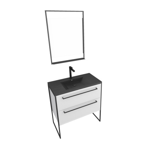 Pack meuble de salle de bain 80x50cm blanc - 2 tiroirs blanc - vasque résine noire effet pierre et miroir led noir mat - structura p017