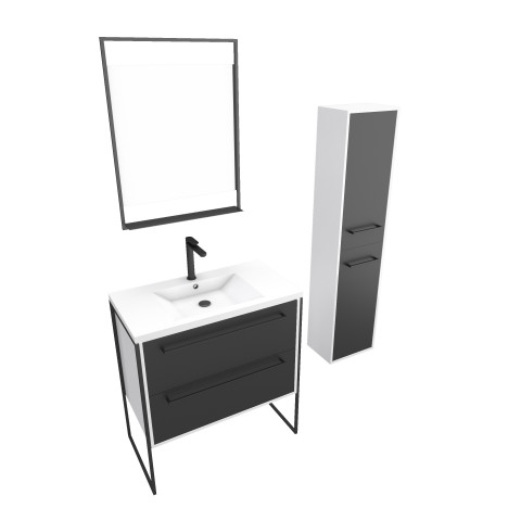 Pack meuble de salle de bain 80x50 noir - 2 tiroirs + vasque resine blanche + miroir + colonne