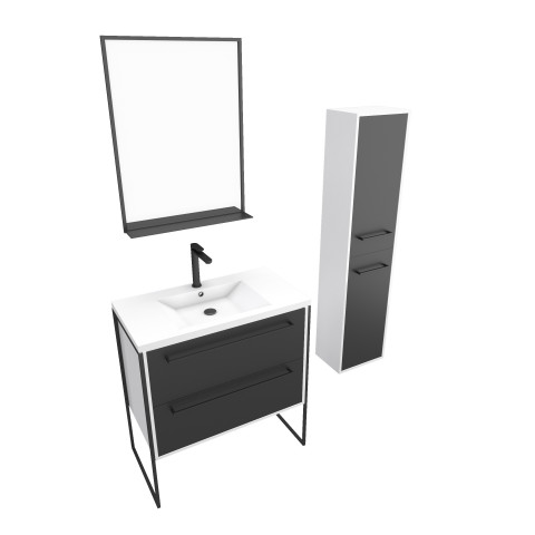 Pack meuble de salle de bain 80x50 cm noir - vasque résine blanche + miroir noir mat + colonne Aurlane - PACM025