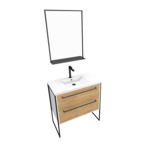 Pack meuble de salle de bain 80x50cm blanc - 2 tiroirs blanc - vasque blanche et miroir à noir mat - structura p034