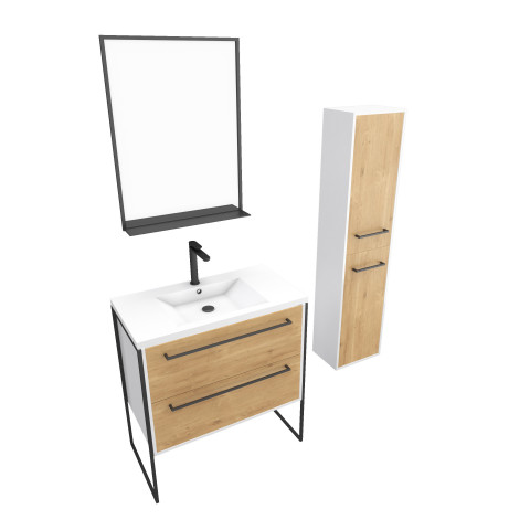 Pack meuble de salle de bain 80x50 cm - 2 tiroirs - vasque blanche + miroir noir mat + colonne Aurlane - PACM036