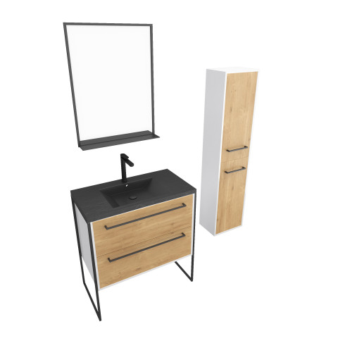 Ensemble de salle de bain 80 cm chêne naturel + vasque noir + miroir led + colonne de rangement