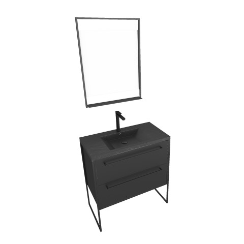 Meuble de salle de bain 80x50cm noir mat - 2 tiroirs noir mat - vasque résine noire effet pierre et miroir led noir mat - structura p061