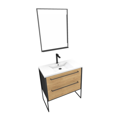Meuble salle de bains 80 cm, vasque résine blanche, miroir led - finition chêne et noir - structura Aurlane - PACM066