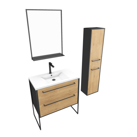 Meuble salle de bains 80 cm, vasque blanche, miroir et colonne - chêne et noir - structura