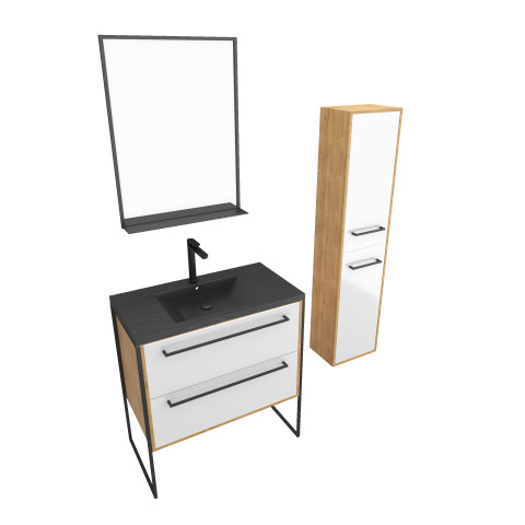 Meuble de salle de bain 80x50cm - vasque noir effet pierre 80x50cm - 2 tiroirs - colonne - miroir Aurlane - PACM086