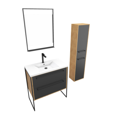Meuble de salle de bain 80x50cm - vasque blanche 80x50cm -2 tiroirs noir mat + colonne + miroir led Aurlane - PACM090