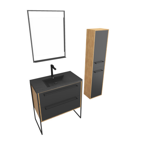 Meuble de salle de bain 80x50cm - vasque noir effet pierre -tiroirs noir mat + colonne + mirroir led