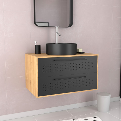 Meuble de salle de bain - 80x45x53cm finition chêne naturel + 2 tiroirs noir mat + vasque noir mat