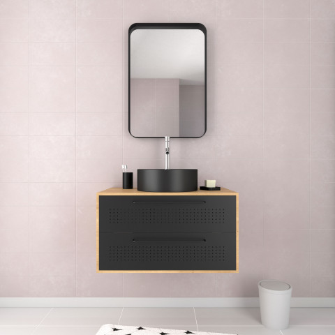 Meuble de salle de bain chêne naturel + vasque noir mat + miroir - UBY 80 - 80x45x53cm Aurlane - PACM260