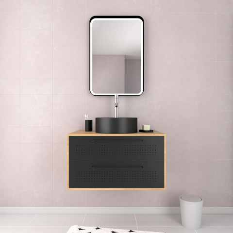 Meuble de salle de bain chêne naturel + vasque noir mat + miroir led - uby 80 - 80x45x53cm Aurlane - PACM261