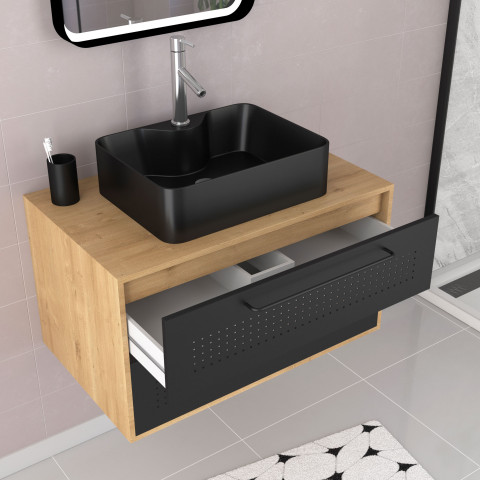 Pack meuble de salle de bain 53x45x80cm caisson 2 tiroirs + vasque rectangulaire noir mat - uby 80