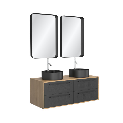 Meuble de salle de bains 120 cm_2 vasques rondes_2 miroirs - chêne naturel et noir mat - uby Aurlane - PACM278