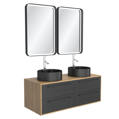 Meuble de salle de bains 120 cm_2 vasques rondes_2 miroirs led - chêne naturel et noir mat - uby
