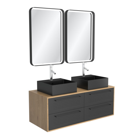 Meuble de salle de bains 120 cm_2 vasques carrées_2 miroirs led - chêne naturel et noir mat - uby Aurlane - PACM291