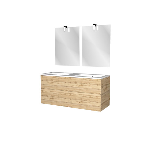 Meuble salle de bains 120cm 4 tiroirs chêne industriel + vasque blanche et miroirs avec appliques led Aurlane - PACM303
