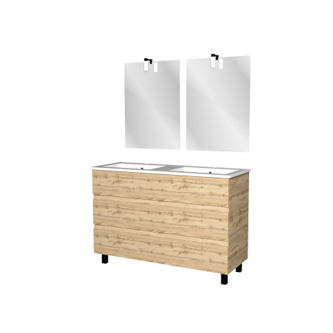 Meuble salle de bains 120cm 6 tiroirs chêne industriel + vasque blanche et miroirs avec appliques led Aurlane - PACM304