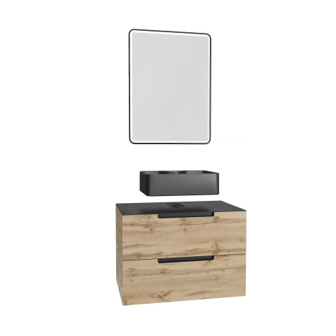 Meuble salle de bains 80 cm 2 tiroirs - chêne et noir - vasque rectangle - miroir black led - omega