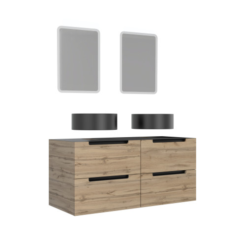 Meuble salle de bains 120cm chêne et noir, vasques rondes ø41cm et miroirs led 40x60 - omega Aurlane - PACM459