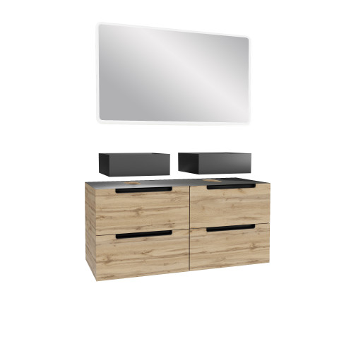 Meuble salle de bains 120cm chêne et noir, vasques carrées et miroir led 120x70 - omega Aurlane - PACM508