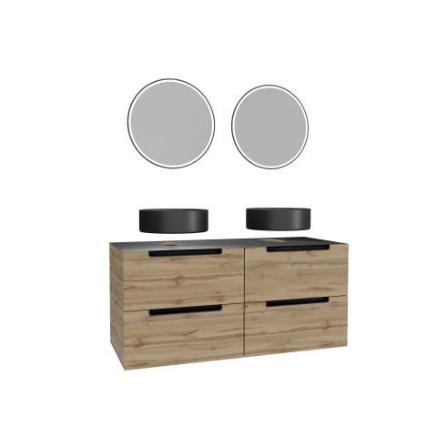 Meuble salle de bains 120cm chêne et noir, vasques rondes ø36cm et miroirs black led ø50cm - omega Aurlane - PACM588
