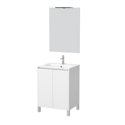 Pack meuble salle de bains 60cm blanc 2 portes, vasque, miroir 60x80 et réglette led - xenos Aurlane - PACM609
