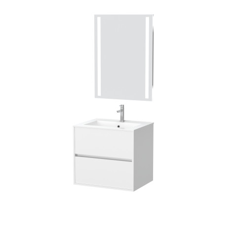 Pack meuble salle de bains 60cm blanc 2 tiroirs, vasque, miroir 60x80 à leds intégrées - xenos Aurlane - PACM614