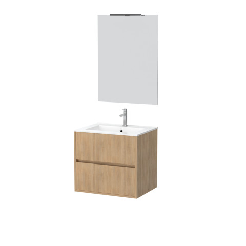 Pack meuble salle de bains 60cm chêne clair 2 tiroirs, vasque, miroir 60x80 et réglette led - xenos