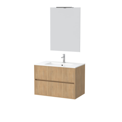 Pack meuble salle de bains 80cm chêne clair 2 tiroirs, vasque, miroir 60x80 et réglette led - xenos