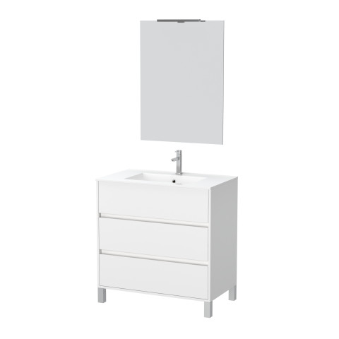 Pack meuble salle de bains 80cm blanc 3 tiroirs, vasque, miroir 60x80 et réglette led - xenos